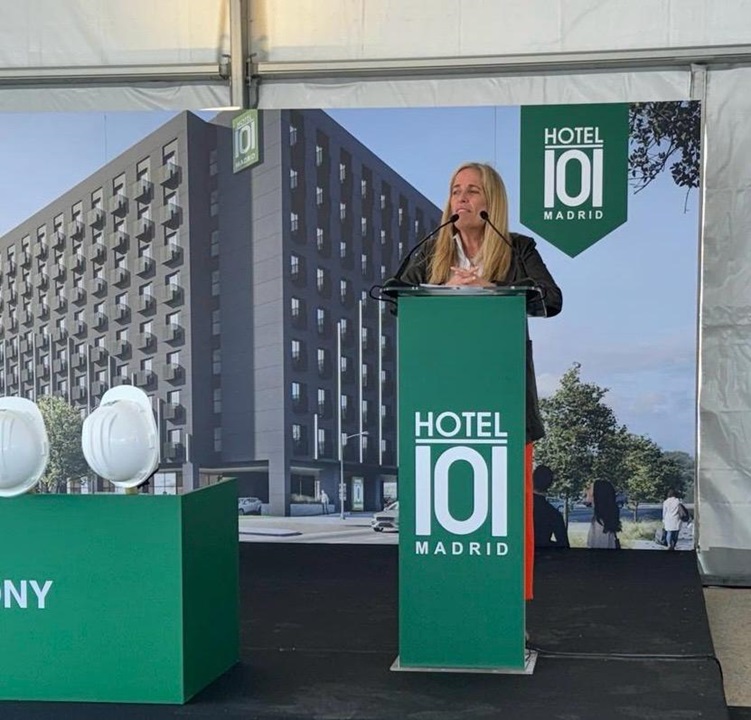 The Minister of Economy, Finance and Employment of the Region of Madrid, Spain Rocio Albert Lopez-Ibor delivers her message during the Hotel101-Madrid groundbreaking event